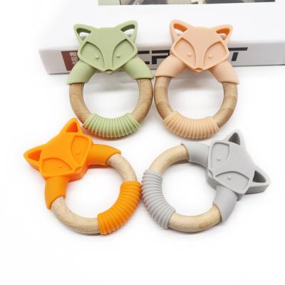 China 100%food grade Silicone Teether Custom Autism Wooden Silicone Teether Baby Ring Teething Animal Sensory Pendant Toy for sale