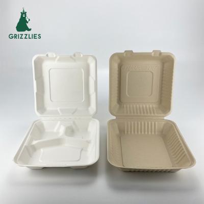 China Disposable Logo Customized Biodegradable Sugar Disposable Bagasse Cane Bagasse Disposable Food Hamburger Meal Box Food Clamshell for sale