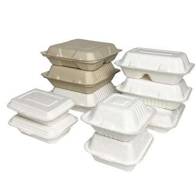 China Disposable Disposable Sugarcane Clamshell Hinged Container Biodegradable Take Out Lunch Box Eco Friendly Food Containers for sale