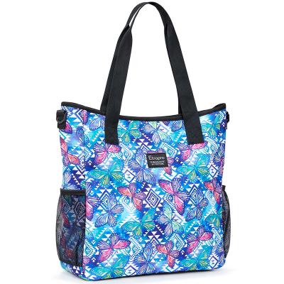 China Portable/Waterproof/Water-Resistant/Normcore/Best Selling Beach Minimalist Ladies Polyester Printing Travel Tote Bag Handbag With Pocket Large for sale