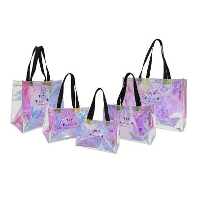 China OEM/ODM Laser Clear PVC Reusable Custom Logo Shopping Bag Holographic Transparent Shopping Bag for sale