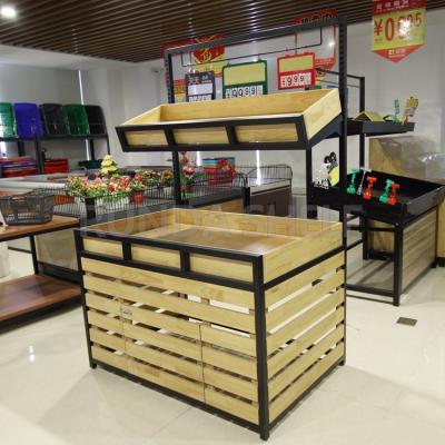 China Single-Sided Store Racks Steel-Wood Fruit Vegetable Wooden Vegetable Rack Rack Supermarket Display Shelf en venta