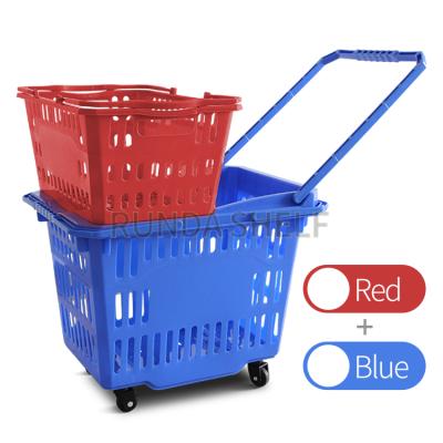 China L465*D320*H230mm Supermarket Plastic Shopping Baskets With Wheels 2 Layers Basket for sale