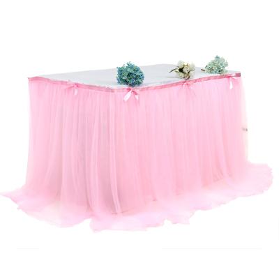 China Pink Ruffled Pleat Mesh Tulle Table Skirt Tutu Table Skirt Wedding Decorative Bubbled for sale