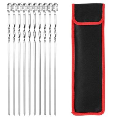 China Wholesale Easily Cleaned Portable Bag Pack of 10 Stainless Steel BBQ Skewer Set Reusable BBQ Kebab Skewers for Outdoor Camping Grill for sale