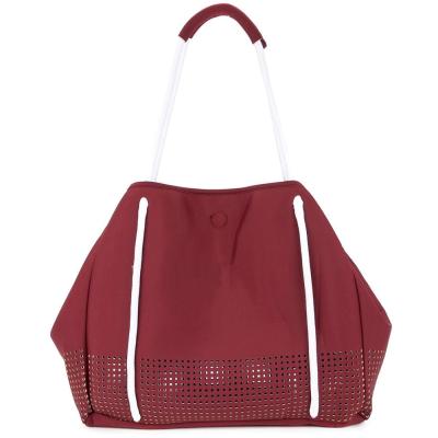 China 2021 Hot Selling New Style Popular Custom Made Burgundy Neoprene Travel Perforated Shoulder Straps Bag Large Wide Girls Neoprene Tote Bag Women for sale