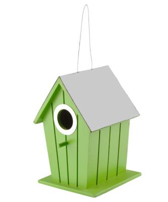 China Waterproof Wooden Bird Feeders SS Hanging Green Paint With Iron Roof for sale