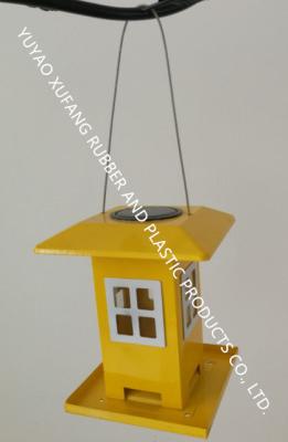 China Metal Bird Feeders，Solar light yellow house mould 4 window metal seed bird feeders for sale