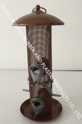 China SS Hanging Unique Garden Bird Feeders 6 Plastic Feeding Port Brown Metal Lid And Bottom for sale