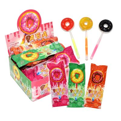 China Natural Donut Shape Strawberry Lemon Chocolate Hard Candy Colorful Glow Stick Lollipop for sale