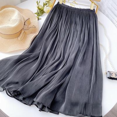 China Women summer satin maxi skirt high waist instant gray pleated skirt casual elastic a-line skirt breathable elegant boho for sale