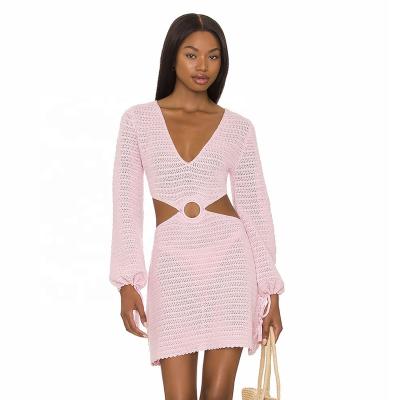 China Pink Breathable Leisure Long Sleeve Hollow Out Waist Deep V-Neck Mesh Translucent Dress 2022 Summer Party Beach Crochet Dress for sale