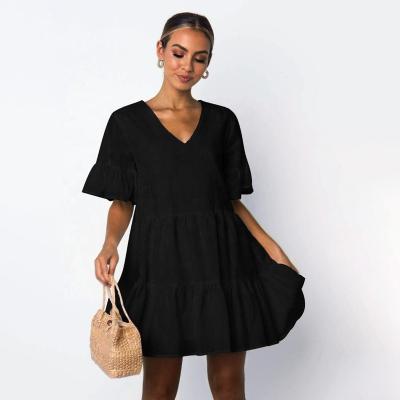 China Leisure Washable Ladies Solid Color Loose Bandage Ruched Sleeves Sexy Flowy Short Cotton Skirt V-Neck Dress Canvas Women for sale