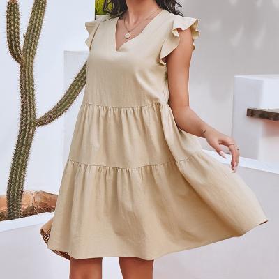 China Sleeveless Quilting Lady's Solid Color Ruffle Edge Dress Summer V-Neck Casual Anti-Static Loose Canvas Cotton Mini Dress for sale