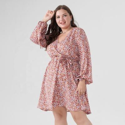 China 2022 Spring Summer Women Dress Long Sleeve Chiffon V Neck Pink Floral Sashes Plus Size Dress And Skirts for sale