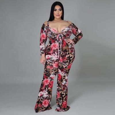 China Feasible Leopard Print Pants Women Plus Size Ladies V Neck Chiffon Long Sleeve Casual Rompers One Piece Overalls for sale