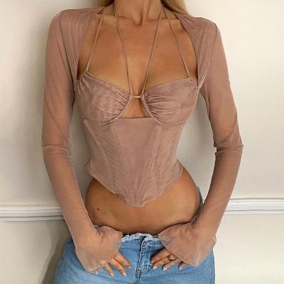 China Breathable KEETE chest halter hollow shoulder sexy long strap sleeve mesh yarn crop top y2k translucent tight fashion for sale