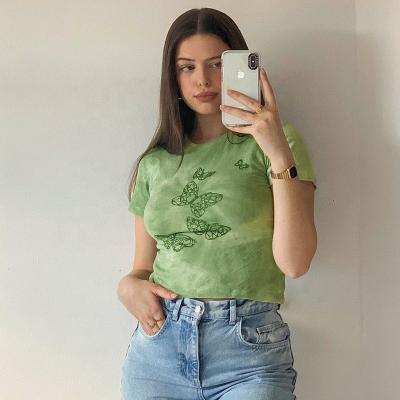 China KEETE Navel Tie Dye y2k T-shirts o neck breathable sexy short sleeves printing blue crop butterfly T-shirt women summer top for sale