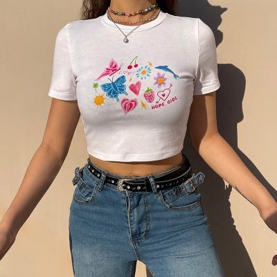 China 2022 Summer KEETE Women Clothing Custom Print Round Neck Digital Tight Crop Top T-shirt For Women Fashion y2k for sale