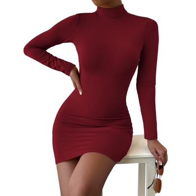 China Anti-wrinkle 2022 new sexy round neck wrinkled long sleeve buttocks wrapped Autumn Winter Dress For Women for sale