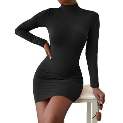 China Winter Women Bodycon Mini Long Sleeve Black Red Casual Warm Short Club Wear Knitted Turtle Neck Sweater Dress Anti-wrinkle for sale