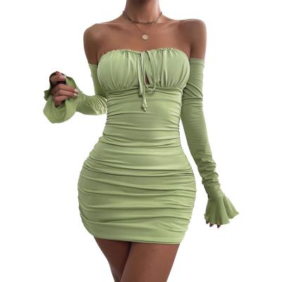 China Sexy Anti-Wrinkle Boob Tube Top Load-up Push Up Long Sleeve Ruffle Bodycon Ruched Mini Dress Women Off Shoulder Dress for sale