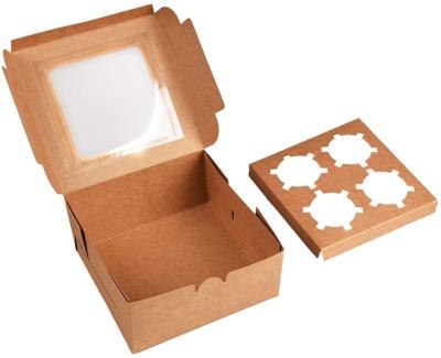 China Recyclable Cupcake Boxes Kraft Paper Cupcake Boxes With Inserts 4 Holes Window And Cupcake Container for sale