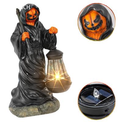 China Europe Halloween Decorations Resin Solar Grim Reaper Outdoor Statue Spooky Pumpkin Face Figurine for sale