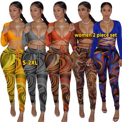 China QUICK DRY Spring Summer Sexy Club Outfits For Women 2021 Womens Long Sleeves 2 Piece Set Opening Ceremony Clothing Sexy Print Leggings for sale