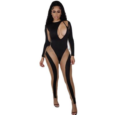 China 2022 New Arrivals Patchwork Bodycon Overalls Breathable Mesh See Through Bodysuits For Women Hollow Out Sexy Rompers Womens Overalls for sale