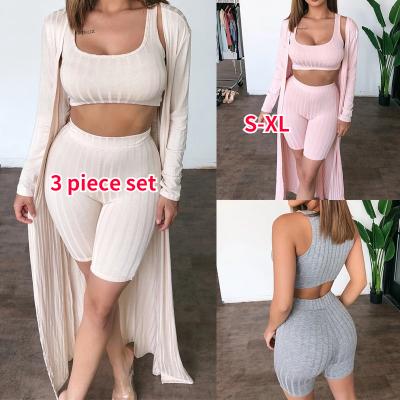 China Spring 2022 Summer High Quality Women's 3 Piece Yoga Shorts Sets Tank Crop Solid Color Shorts Sets Breathable Long Tops Jacket For Women for sale