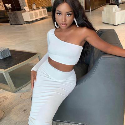 China Breathable Skirt And Crop Top Fashion One Shoulder Women Two Piece Outfits Two Piece Set Crop Top Skirt for sale