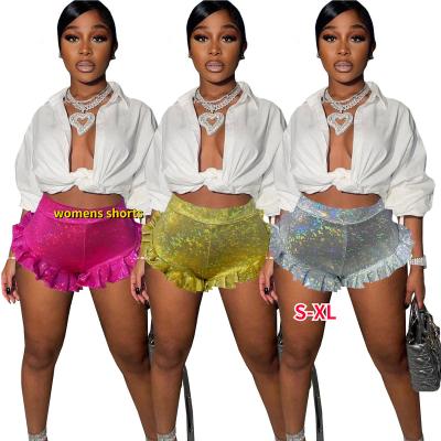 China 2021 New Fashion Women Summer Party Clubwear Breathable High Waist Shiny Leather Ruffle Shorts Women Summer Shorts Girls Short Panties for sale