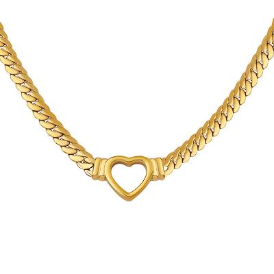 China 2023 Hot Selling Punk Vintage Cuban 18k Gold Plated Stainless Steel Link Chain Hollow Heart Choker Necklace For Women for sale