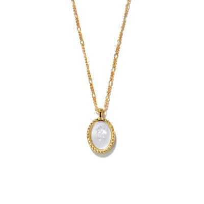 China CLASSIC Custom Fashion Jewelry 18K Gold Plated Stainless Steel Rose Engraved Natural Shell Mother Of Pearl Oval Pendant Necklaces for sale