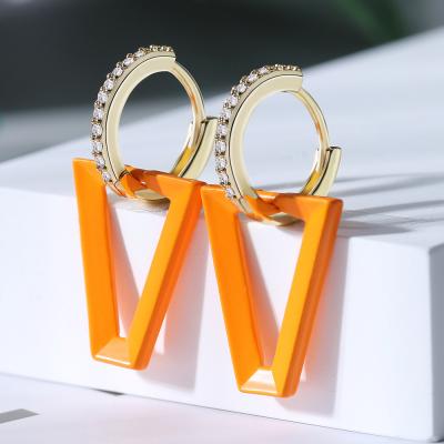 China New Cubic Zirconia Color Earrings Casual/Sporty Copper Micro-Inlaid Geometric Micro Inlay Personalized Fluorescent V Paint Inverted Triangle Earrings for sale