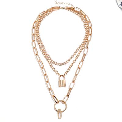 China Casual/Sporty Alloy Casual/Sporty Simple Cool Multi-Layer Geometric Three-Piece Lock Necklace Ins Style Pendant Necklace for sale