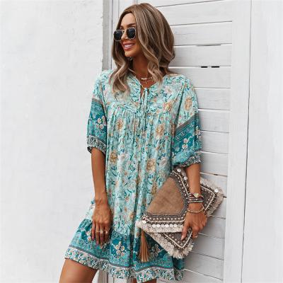 China Summer Boho Floral Print Boho Chic Dress A Line Dresses Breathable Bohemian For Women for sale