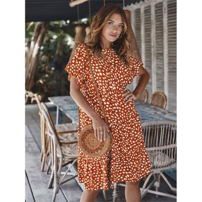 China 2021 Korean Summer Elegant Breathable Women's Dress Women's Casual Dresses Ladies Lotus Sleeve Polka Dot Women for sale