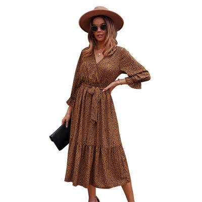 China Leopard Maxi Dresses Women Breathable Casual Summer Dress Women Long Sleeves Dress for sale