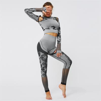 China Fashionable Mesh Camouflage Hollow Yoga Set Women Fitness Clothes Seamless Sports Suit Active Wear for sale