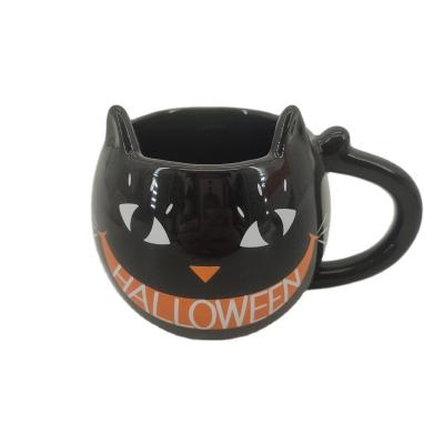 China Sustainable Halloween Decoration Ceramic Cat Shaped Face Printed Coffee Mug With Custom Logo for sale