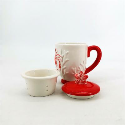 China Sustainable Ceramic Tea Cup Coffee Mug with Infuser and Lid for Steeper Filter Green Tree Tea Cup Maker for sale