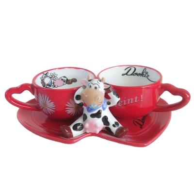 China Wholesale Red Cow Style Double Cups Coffee Cups Custom Viable Valentines Day Gift Mini Red Mugs With Heart Shaped Saucer for sale