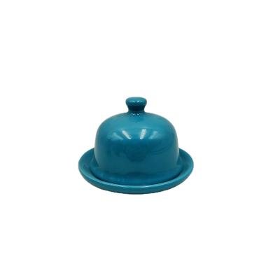 China Sustainable custom made eco ceramic teal color glazed small mini butter dish with lid for sale