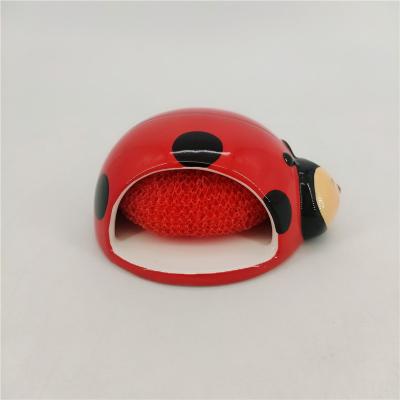 China Home Viable Home Hand Painted Ceramic Ladybug Shaped Kitchen Scrubbie Sponge Sponge Holder With Non-scratch Dish Scrubber for sale