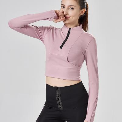 China Breathable Women Long Sleeved Zipper Crop Top Fitness Yoga Jacket With Pocket Active Wear Gym Clothing for sale