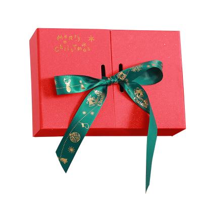 China Beautiful Custom Logo Wedding Red Bow Festival Favor Double Open Christmas Gift Wrapping Paper Box With Ribbon for sale