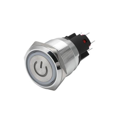 China High Current 15A Stainless Steel 22mm IP67 1NO Momentary Self-Latching Waterproof Led Stainless Steel Metal Push Button Switch With Power Symbol for sale