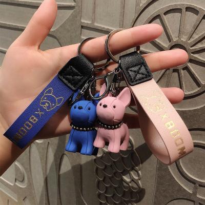 China Fashionable French Cute Keychains Bulk PVC Rubber Good Quality PU Leather Dog Keychains Bulldog Key Chains for sale